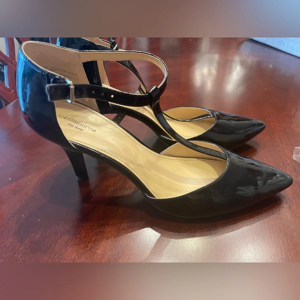 Liz Claiborne Black Patent Heels with Ankle Strap - Picture 2 of 5